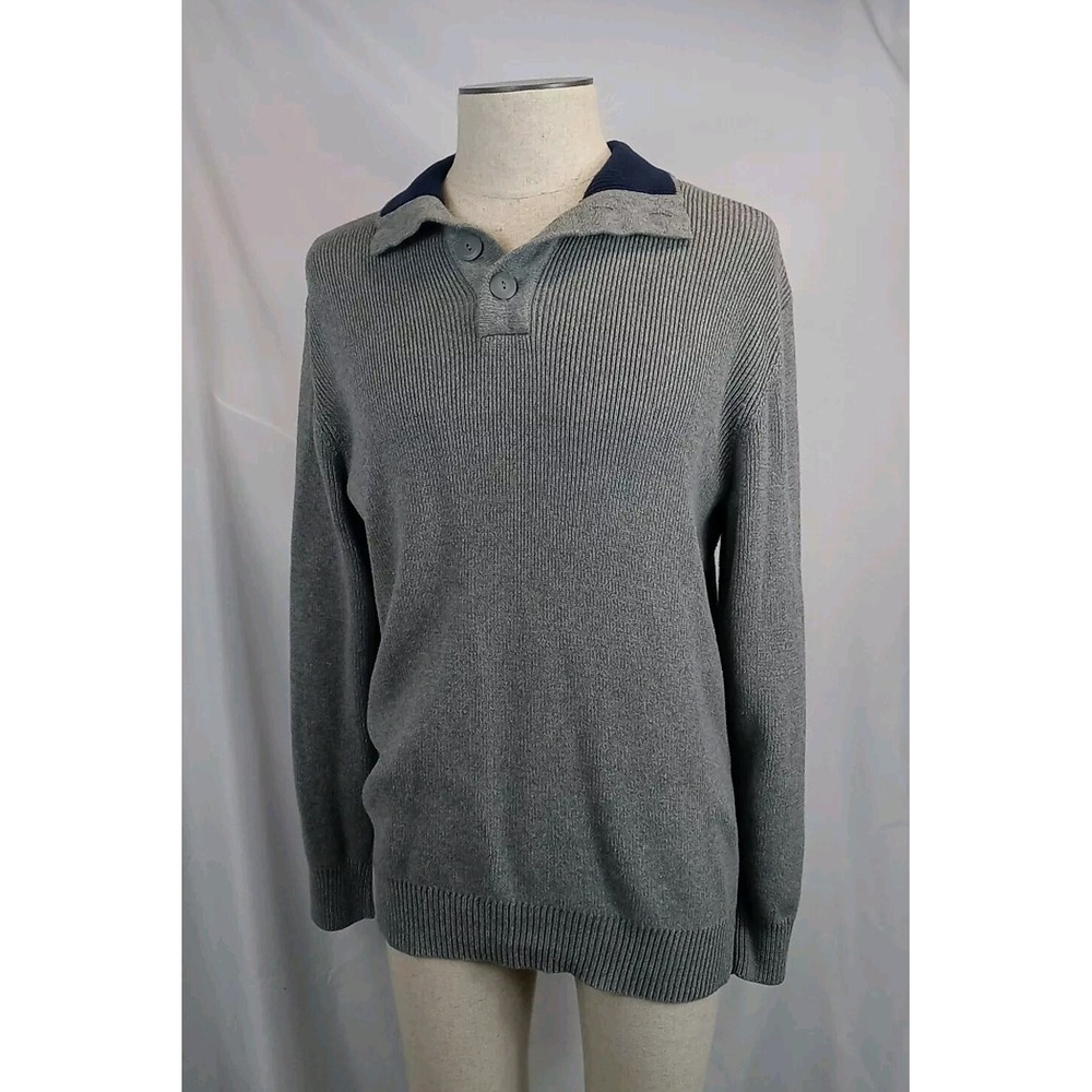 Vintage Old Navy Gray Polo Sweater Men's Size Large 100% Cotton Ribbed 90s
